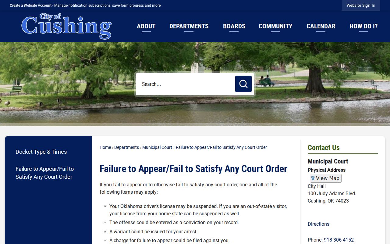 Payne County city court warrant Cushing failure-to-appear notice