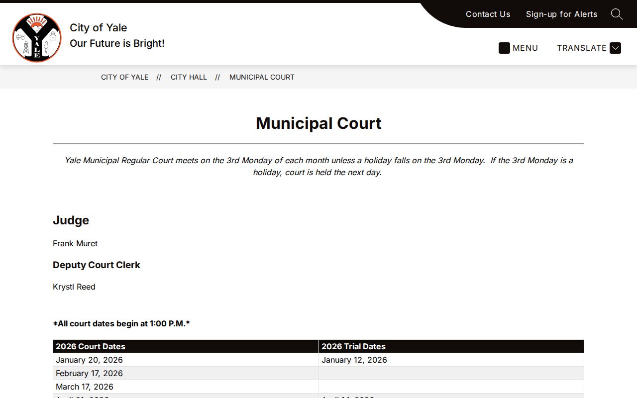 Payne County warrant records Yale Municipal Court calendar and court time