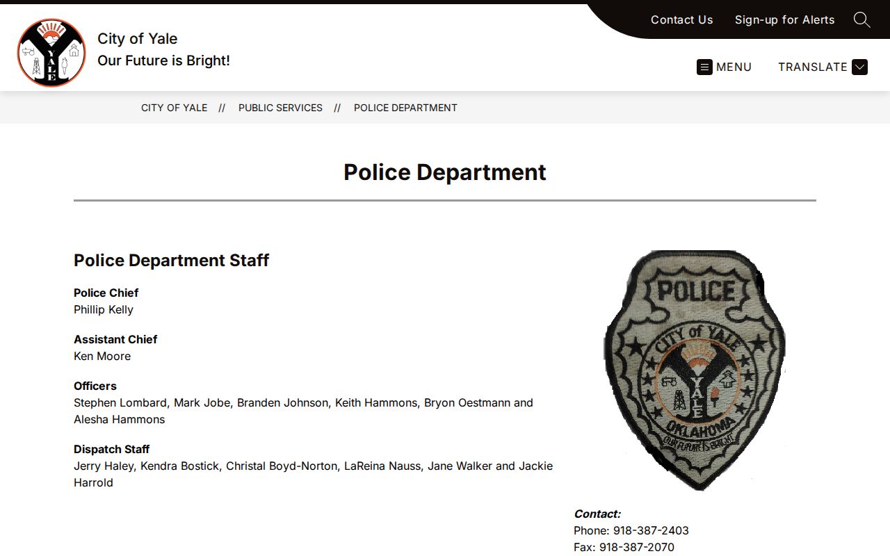 Payne County warrant records Yale official Police Department contact route